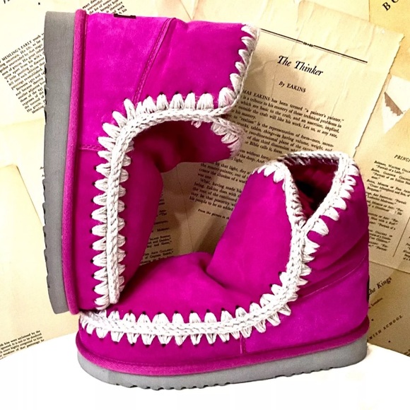 Free People MOU Glacier Shearling Ankle Boots Pink Tan Stitched Fur Lined - Picture 3 of 9